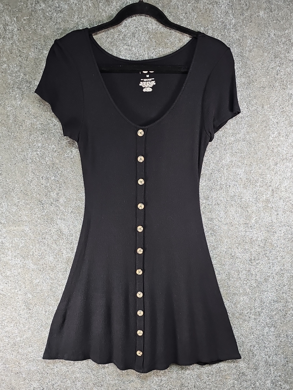 SO Waffle Knit Faux Button Up Fit & Flare Dress, Black, Size Medium